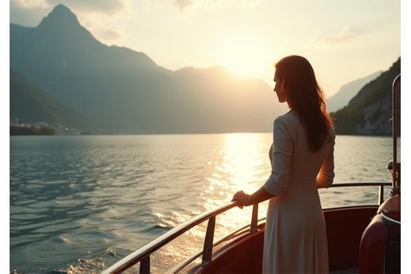 Eine elegante Person auf einem Boot auf dem Vierwaldstättersee mit malerischer Bergkulisse