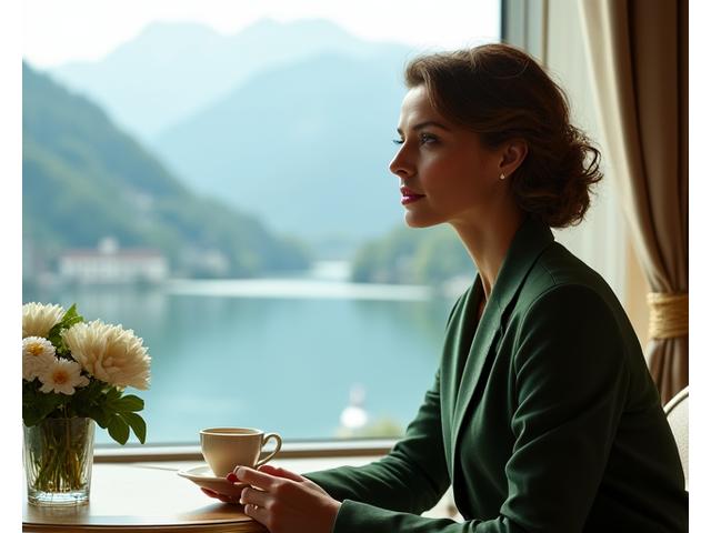 Stilvolle Frau genießt die Aussicht auf Luzern und den Vierwaldstättersee vom Alpenblick Hotel