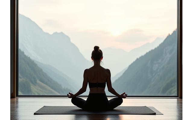 Eine Person praktiziert Yoga in einem ruhigen Raum mit Alpenblick