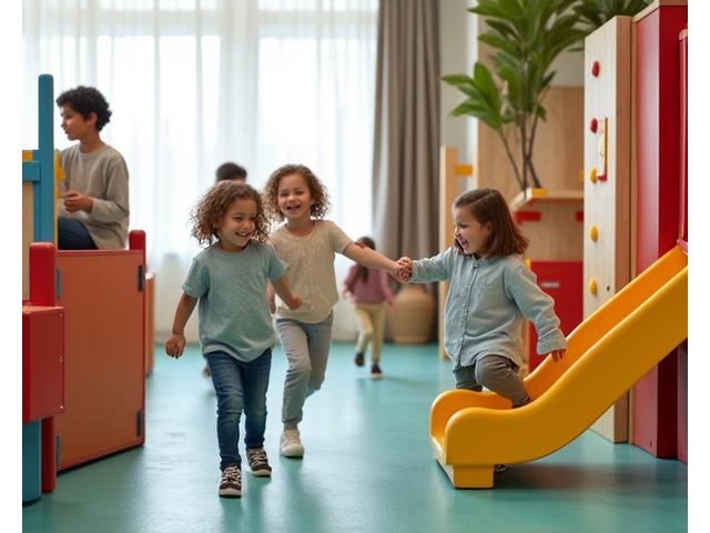Kinder spielen fröhlich in einem bunten Indoor-Spielplatz mit Rutsche und Klettergerüst.