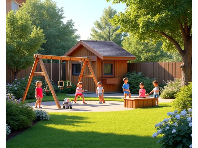 Kinder spielen in einem gepflegten Outdoor-Spielgarten mit Schaukeln und einem Sandkasten.