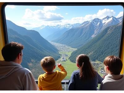 Eine Familie fährt mit der Seilbahn auf den Pilatus, die Kinder schauen begeistert aus dem Fenster.