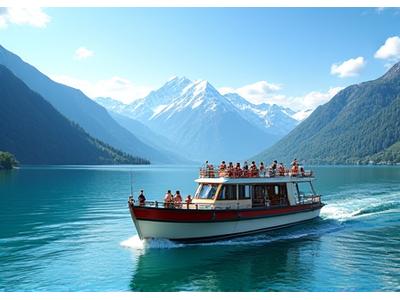 Ein Kind winkt fröhlich von einem Schiff auf dem Vierwaldstättersee mit schneebedeckten Bergen im Hintergrund.