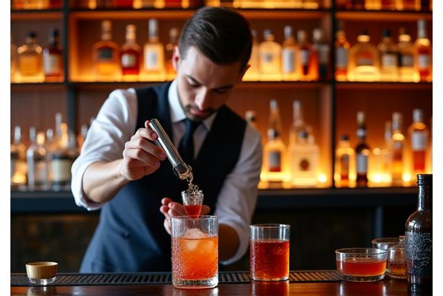 Cocktail-Bar mit Barkeeper, der einen Drink mixt