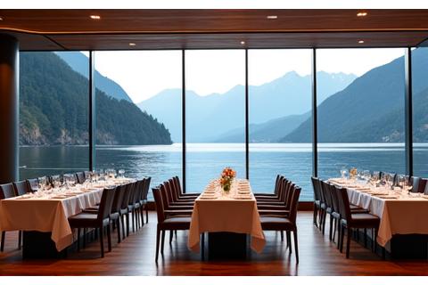 Panorama-Restaurant mit Blick auf den See und festlicher Dekoration