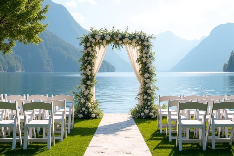 Romantische Hochzeitszeremonie am Ufer des Vierwaldstättersees mit Alpenpanorama im Hintergrund.
