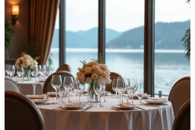 Elegante gedeckte Hochzeitstafel im Panorama-Restaurant des Alpenblick Hotels