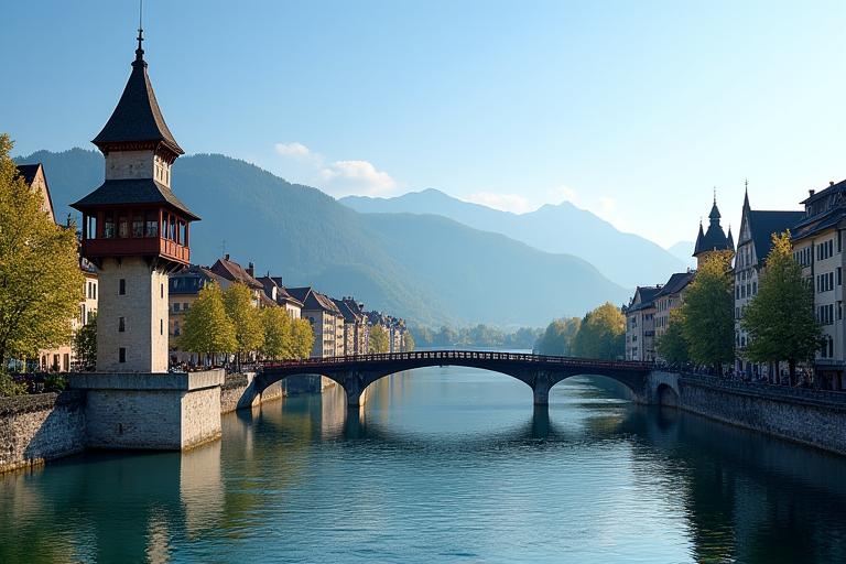 Historische Kapellbrücke in Luzern mit See und Bergen im Hintergrund