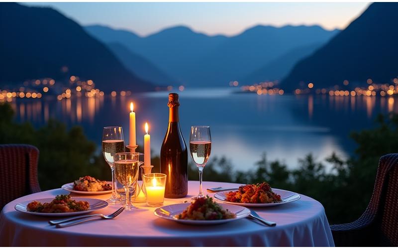 Romantisches Abendessen bei Kerzenschein mit Blick auf den See