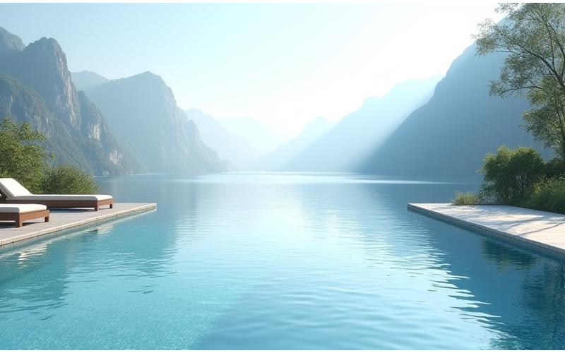 Frau entspannt in einem Infinity-Pool mit Bergblick