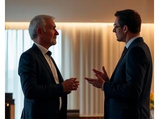 Geschäftsmann in Anzug schüttelt Hand in Hotellobby