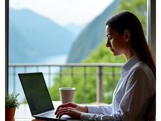 Person arbeitet entspannt mit Laptop am Seeufer