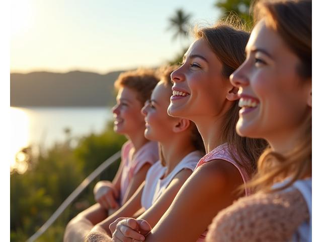 Familie lachend auf dem Balkon eines Hotels