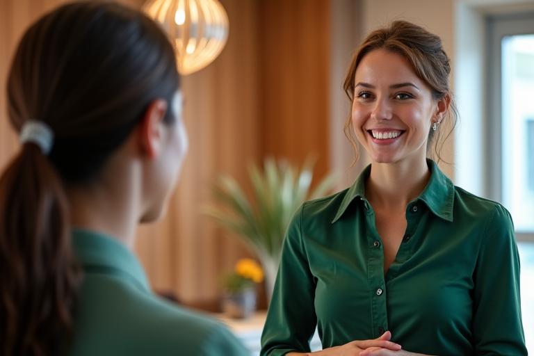 Einladende Hotelrezeption mit lächelnder Mitarbeiterin, die Gäste begrüsst.