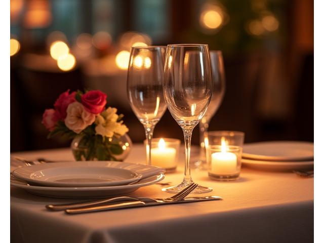 Detail einer romantisch gedeckten Tafel mit Kerzenlicht
