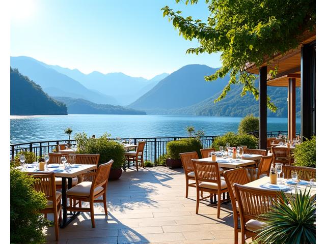 Sommerterrasse mit Seeblick und Sitzgelegenheiten