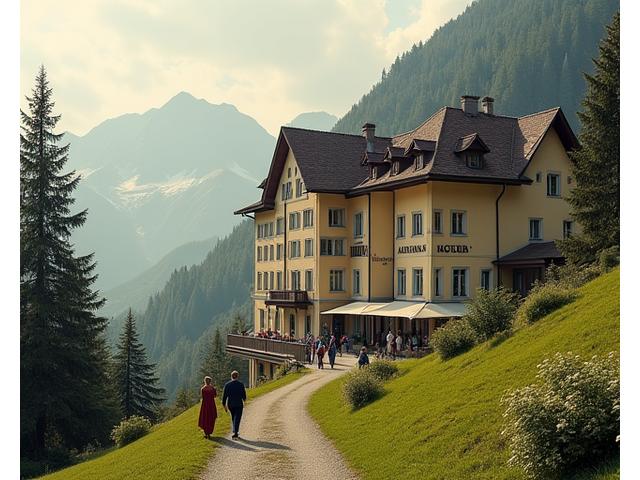 Historisches Foto des Alpenblick Hotels aus den frühen Jahren, malerisch vor den Luzerner Bergen gelegen.