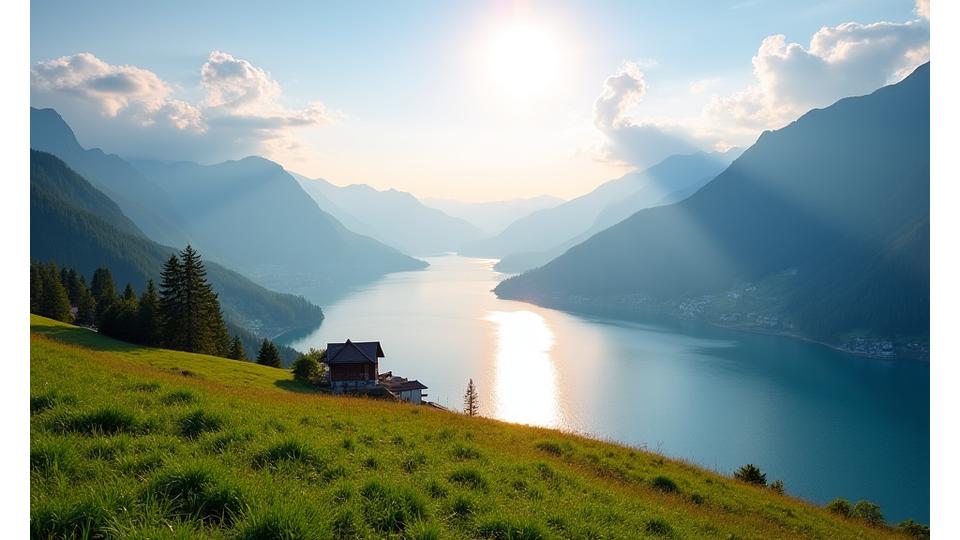 Panoramablick auf den Vierwaldstättersee und die umliegenden Berge im Morgenlicht, symbolisiert Werte wie Naturverbundenheit.