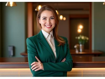Porträt von Frau Anna Weber, Chef-Concierge des Alpenblick Hotels, lächelnd