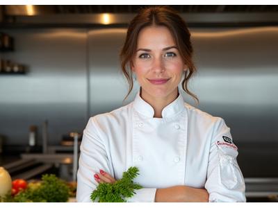 Porträt von Chefkoch Sarah Fischer in der Gourmetküche des Alpenblick Restaurants