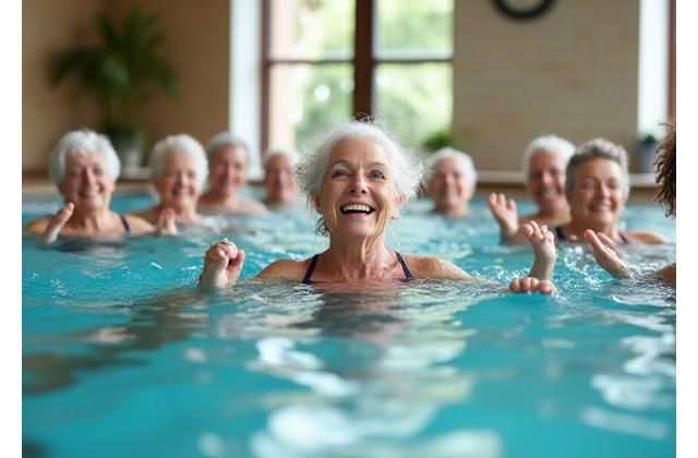Gruppe Senioren lächelt und macht leichte Aqua-Fitness-Übungen in einem hellen Schwimmbecken.