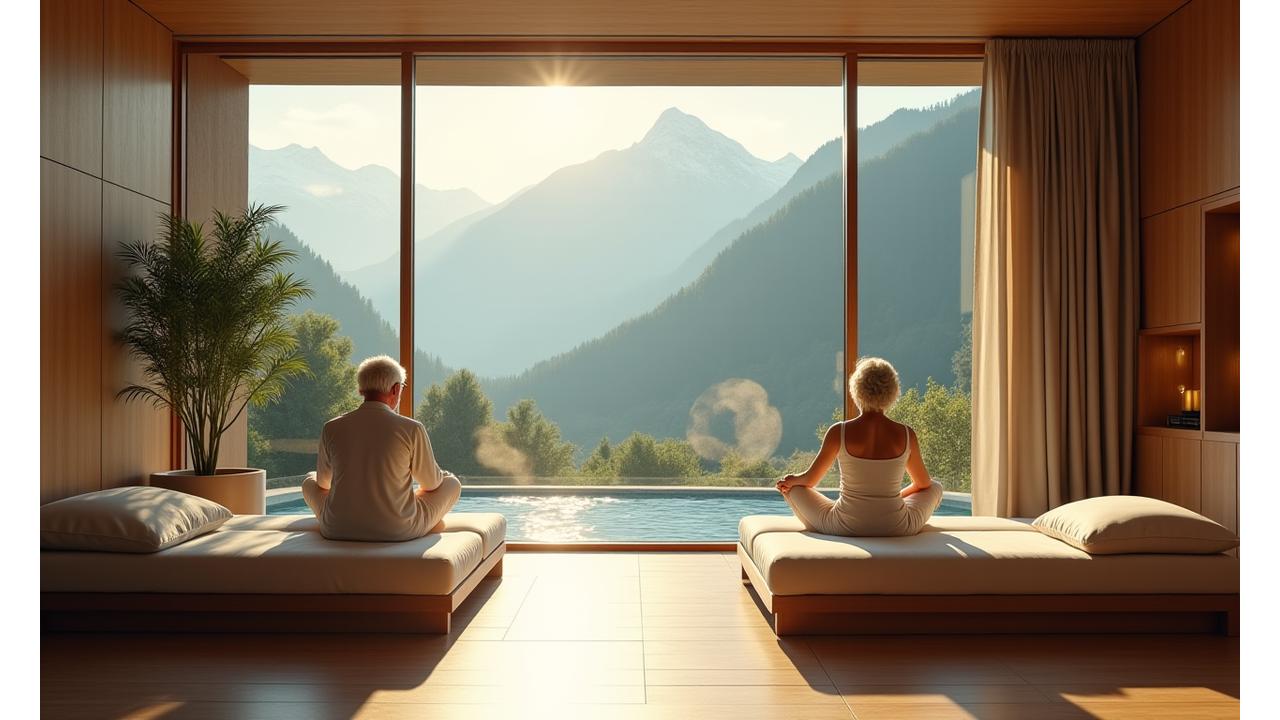 Älteres Paar entspannt in einem eleganten Wellnessbereich des Alpenblick Hotels, umgeben von warmen Farben und natürlichem Licht, mit Blick auf die Schweizer Alpen.
