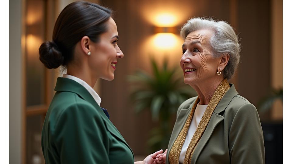Freundliche Hotelmitarbeiterin in professioneller Uniform spricht mit einem älteren Gast bei der Ankunft, symbolisiert Fürsorge und Unterstützung.