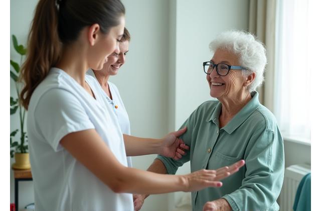 Physiotherapeutin unterstützt eine ältere Dame sanft bei einer Übung, mit Fokus auf Bewegung und Rehabilitation.
