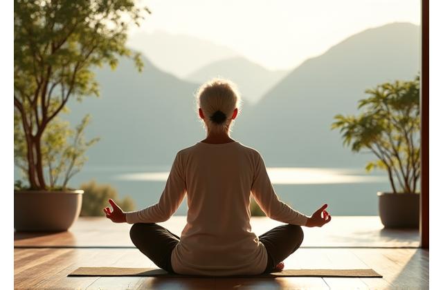 Altere Person praktiziert achtsames Tai-Chi in einer ruhigen Umgebung mit Blick auf einen See oder Garten.