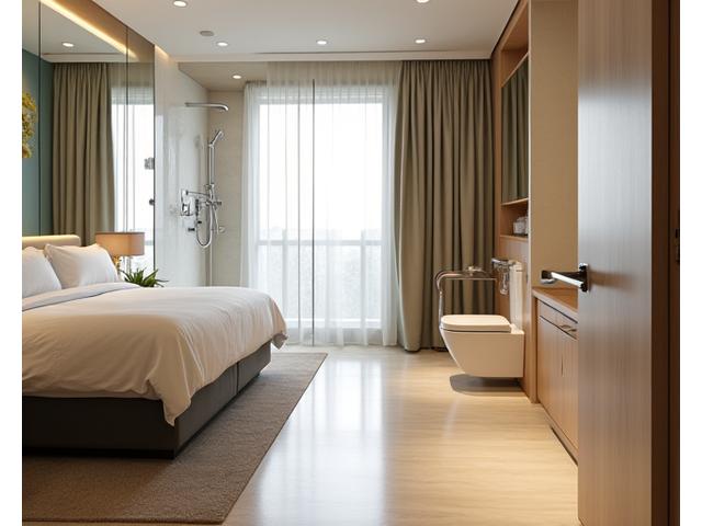 Elegantes, barrierefreies Hotelzimmer mit großzügigen Bewegungsflächen, höhenverstellbarem Bett und einem modernen, rollstuhlgerechten Badezimmer.