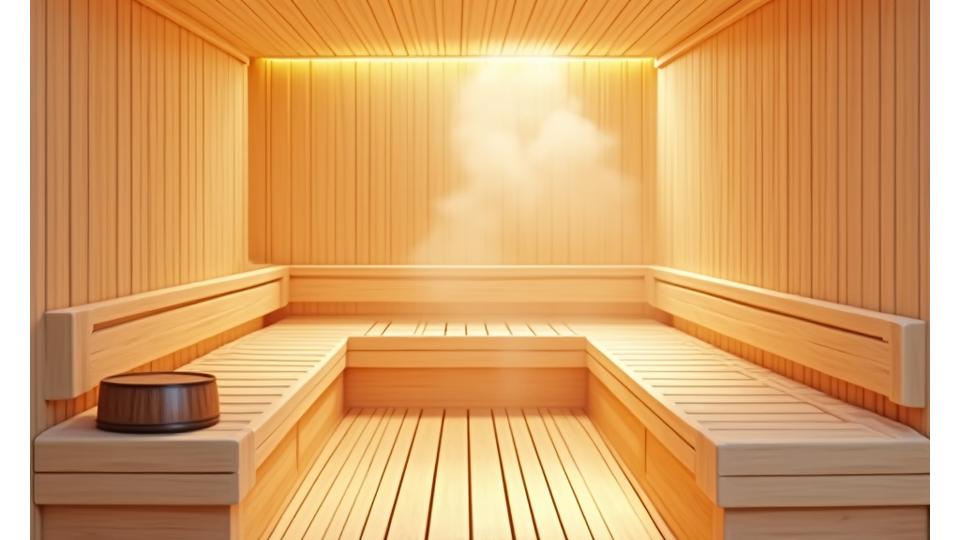 Innenansicht einer geräumigen finnischen Sauna mit Holzverkleidung und warmem Licht.