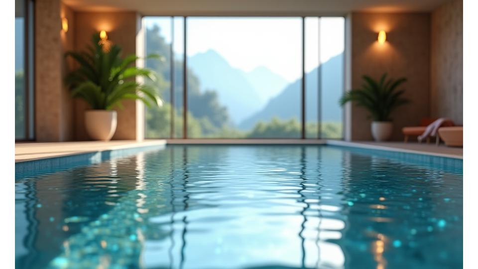 Moderner Indoor-Pool mit beruhigender Beleuchtung und Blick nach draußen.
