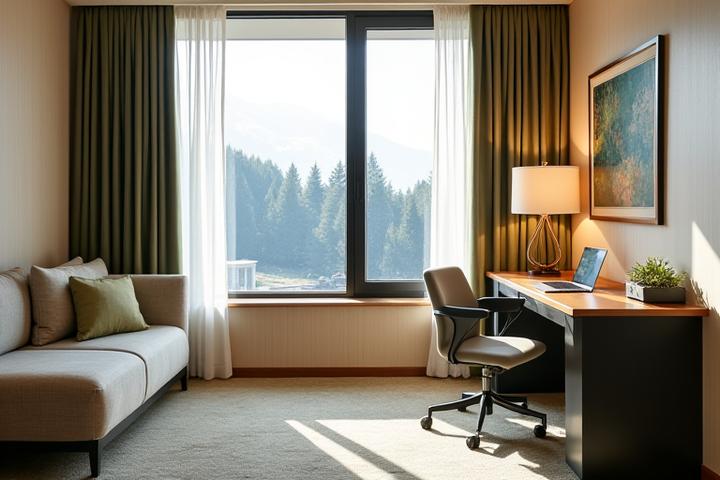 Elegant eingerichtetes Hotelzimmer mit einem geräumigen Schreibtisch am Fenster und Blick über die Stadt oder den See.