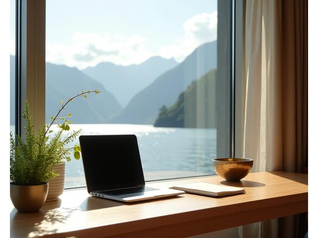Laptop auf einem Tisch mit Blick auf den Vierwaldstättersee und die Berge im Hintergrund in einem modernen Hotelzimmer.