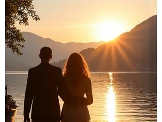 Paar schlendert entlang der Seepromenade in Luzern bei Sonnenuntergang.