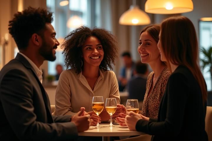 Gruppe von Digital Nomads, die bei einem entspannten Networking-Event im Hotel-Lounge-Bereich miteinander interagieren.