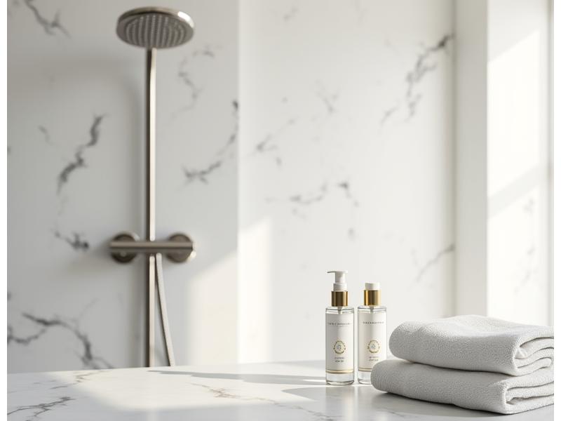 Luxuriöses Badezimmer mit Marmor, Regendusche und hochwertigen Pflegeprodukten