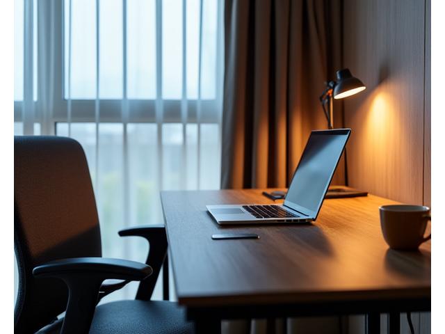 Geschäftsmann arbeitet an Laptop in einem modernen, hellen Hotelzimmer