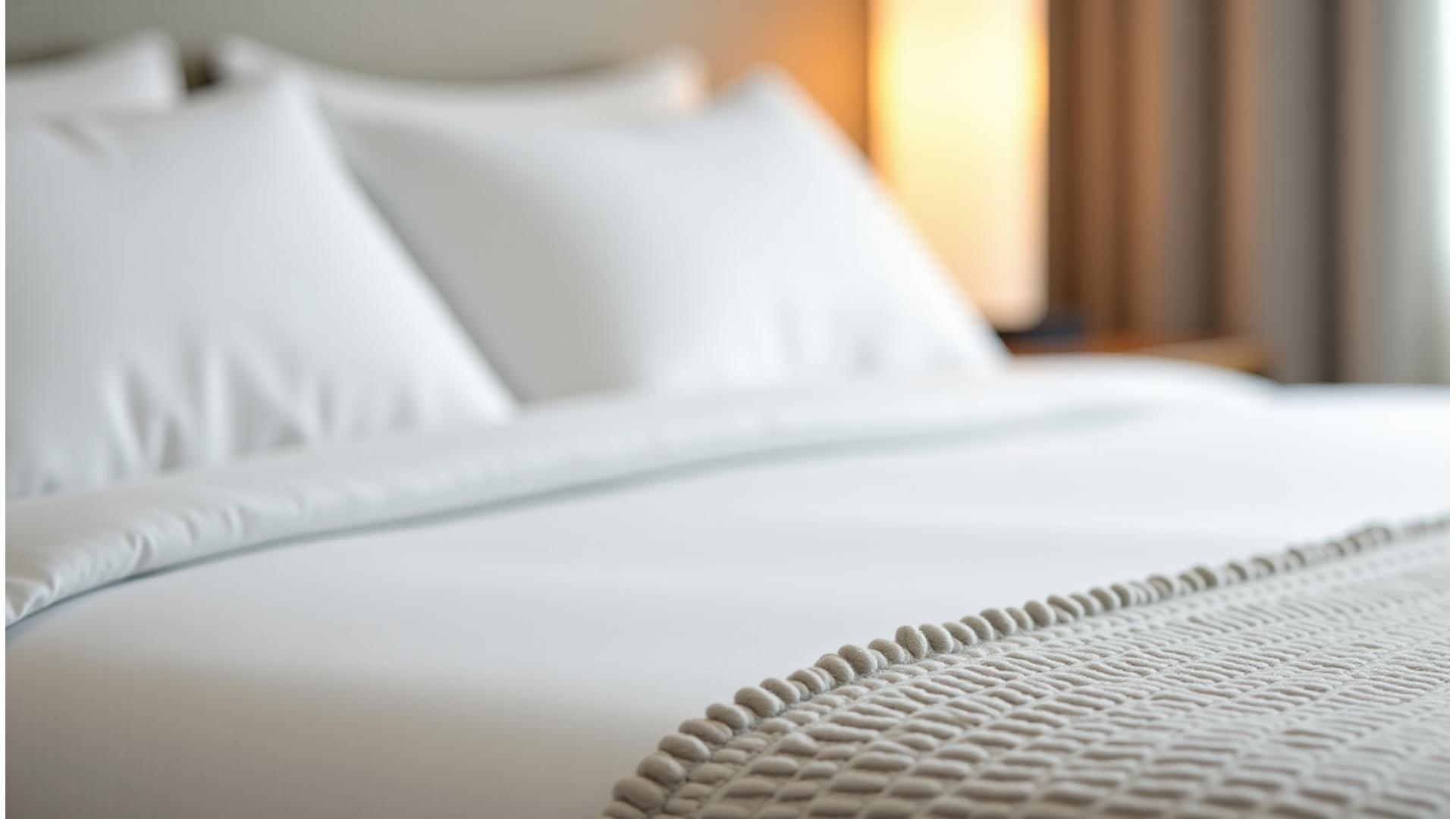 Detailansicht eines Premium-Bettes mit weißen Schweizer Textilien in einem Hotelzimmer